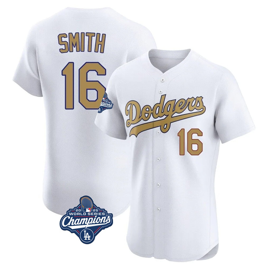 Los Angeles Dodgers #16 Will Smith Player White Gold HOLBERT World Series Meet Limited Elite Home Stitched Jerseys