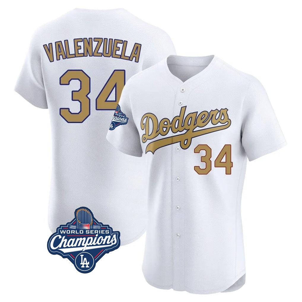 Los Angeles Dodgers #34 Fernando Valenzuela Player White Gold HOLBERT World Series Meet Limited Elite Home Stitched Jerseys