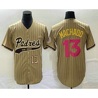 San Diego Padres #13 Manny Machado Number Tan HOLBERT Pinstripe 2023 City Connect Cool Base Stitched Jersey