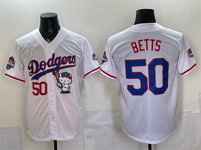 Los Angeles Dodgers #50 Mookie Betts White HOLBERT Hello Kitty Night 2025 World Series Champions Patch Stitched Jersey