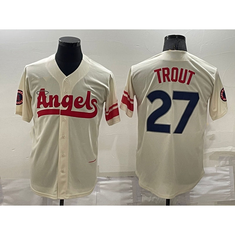 Los Angeles Angels #27 Mike Trout Cream HOLBERT 2022 City Connect Cool Base Stitched Jersey