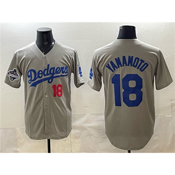 Los Angeles Dodgers #18 Yoshinobu Yamamoto Gray HOLBERT 2025 World Series Champions Patch Stitched Jersey