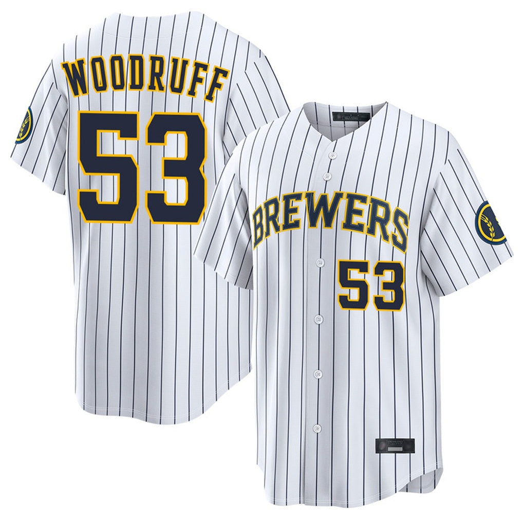 Milwaukee Brewers #53 Brandon Woodruff Player White HOLBERT Stripes Home Limited Game Stitched Jerseys