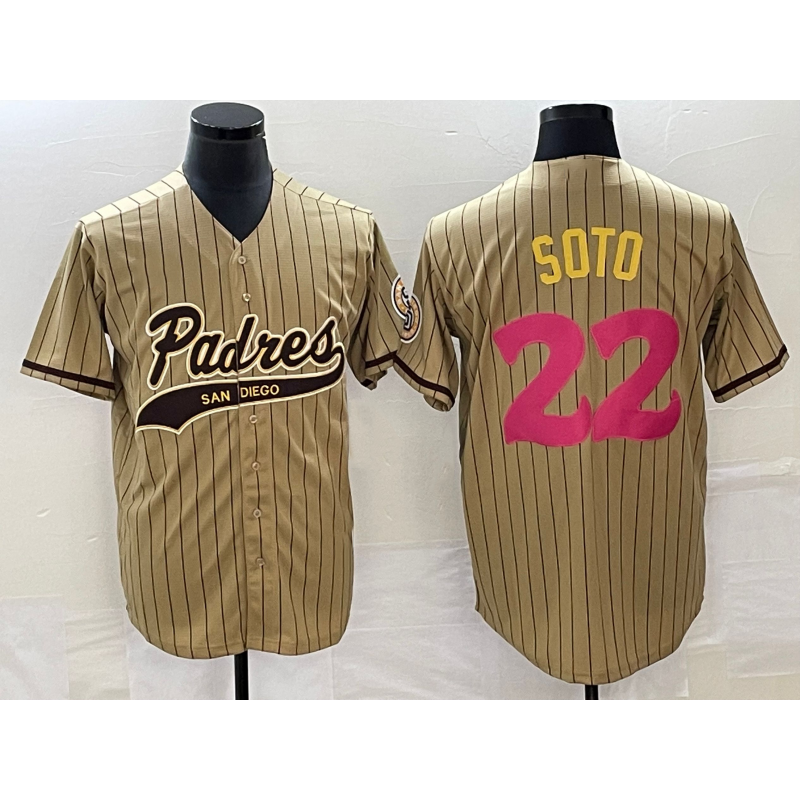 San Diego Padres #22 Juan Soto Tan HOLBERT Pinstripe 2023 City Connect Cool Base Stitched Jersey