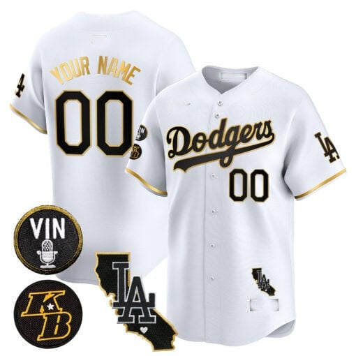 Custom Los Angeles Dodgers Vin Patch & Kobe Bryant Gold Trim Vapor Premier Limited Jersey V2 ¨C White Gold HOLBERT