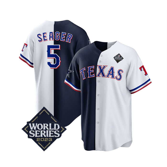 Texas Rangers & Cowboys #5 Corey Seager Navy White HOLBERT 2023 World Series Splite Stitched Jersey