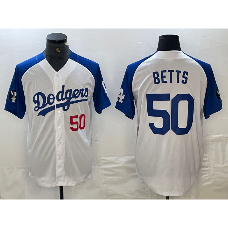 Los Angeles Dodgers #50 Mookie Betts Number White Blue HOLBERT Fashion Stitched Cool Base Limited Jerseys