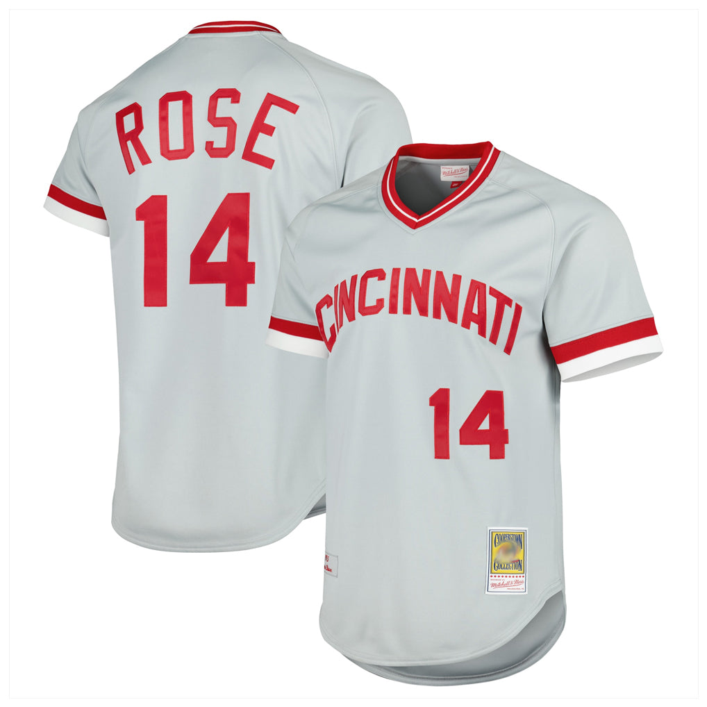 Cincinnati Reds #14 Pete Rose Player Gray HOLBERT Mitchell & Ness Throwback Cooperstown Mesh T-shirt Game Stitched Jerseys