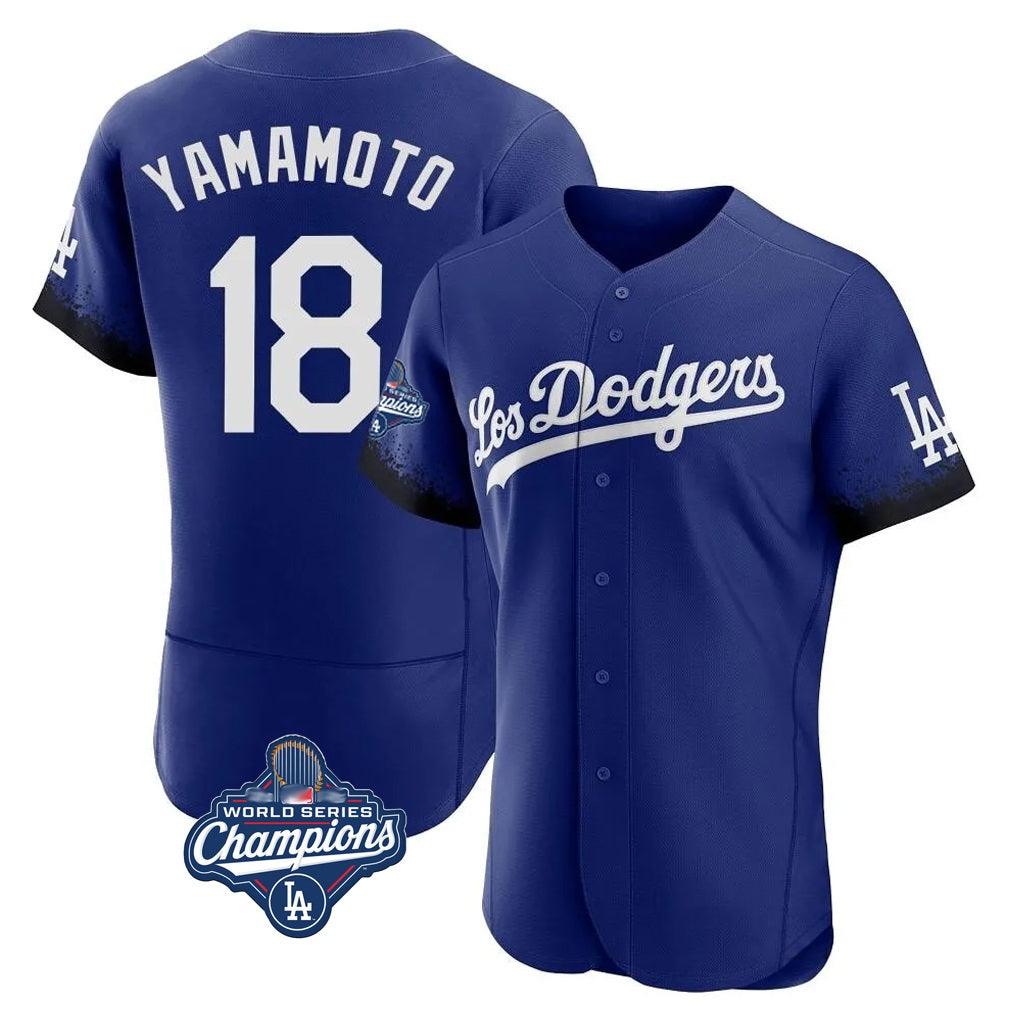 Los Angeles Dodgers #18 Yoshinobu Yamamoto Player Royal HOLBERT World Series Meet City Connect Elite Home Stitched Jerseys