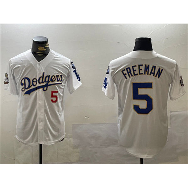 Los Angeles Dodgers #5 Freddie Freeman White Gold HOLBERT 2024 World Series With Fernando Memorial Patch Home Limited Stitched Jersey
