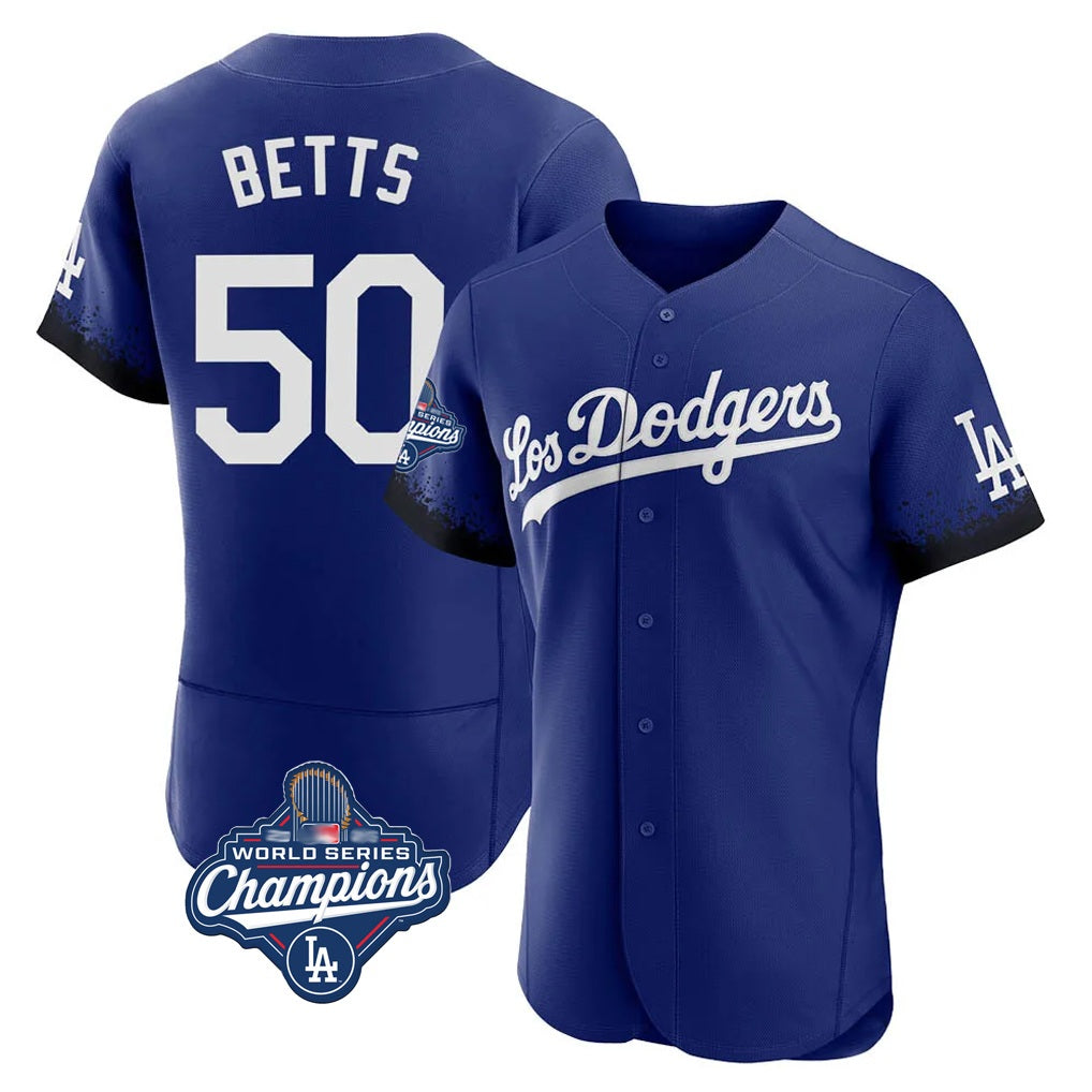 Los Angeles Dodgers #50 Mookie Betts Player Royal HOLBERT World Series Meet City Connect Elite Home Stitched Jerseys
