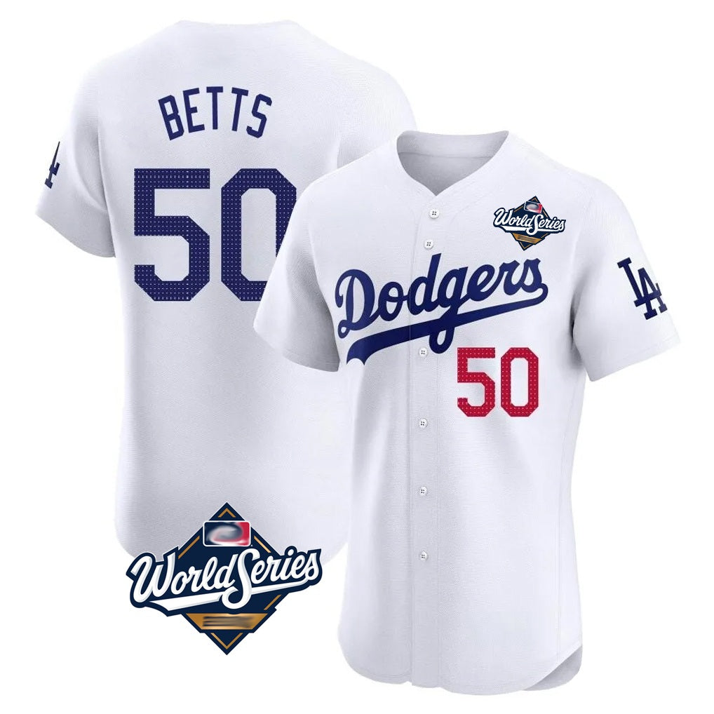 Los Angeles Dodgers #50 Mookie Betts Player White HOLBERT World Series Limited Elite Home Stitched Jerseys