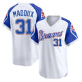 Atlanta Braves #31 Greg Maddux Player White HOLBERT Throwback Cooperstown Collection T-shirt Game Stitched Jerseys
