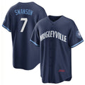 Chicago Cubs #7 Dansby Swanson Navy HOLBERT City Connect Cool Base Stitched Jersey
