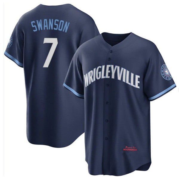 Chicago Cubs #7 Dansby Swanson Navy HOLBERT City Connect Cool Base Stitched Jersey
