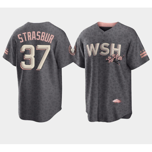 Washington Nationals #37 Stephen Strasburg 2022 Grey HOLBERT City Connect Cherry Blossom Cool Base Stitched Jersey