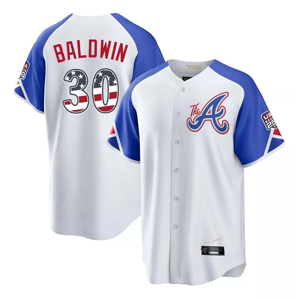 Atlanta Braves #30 Drake Baldwin Player White HOLBERT USA 250 Fourth Of July City Connect Home Game Stitched Jerseys