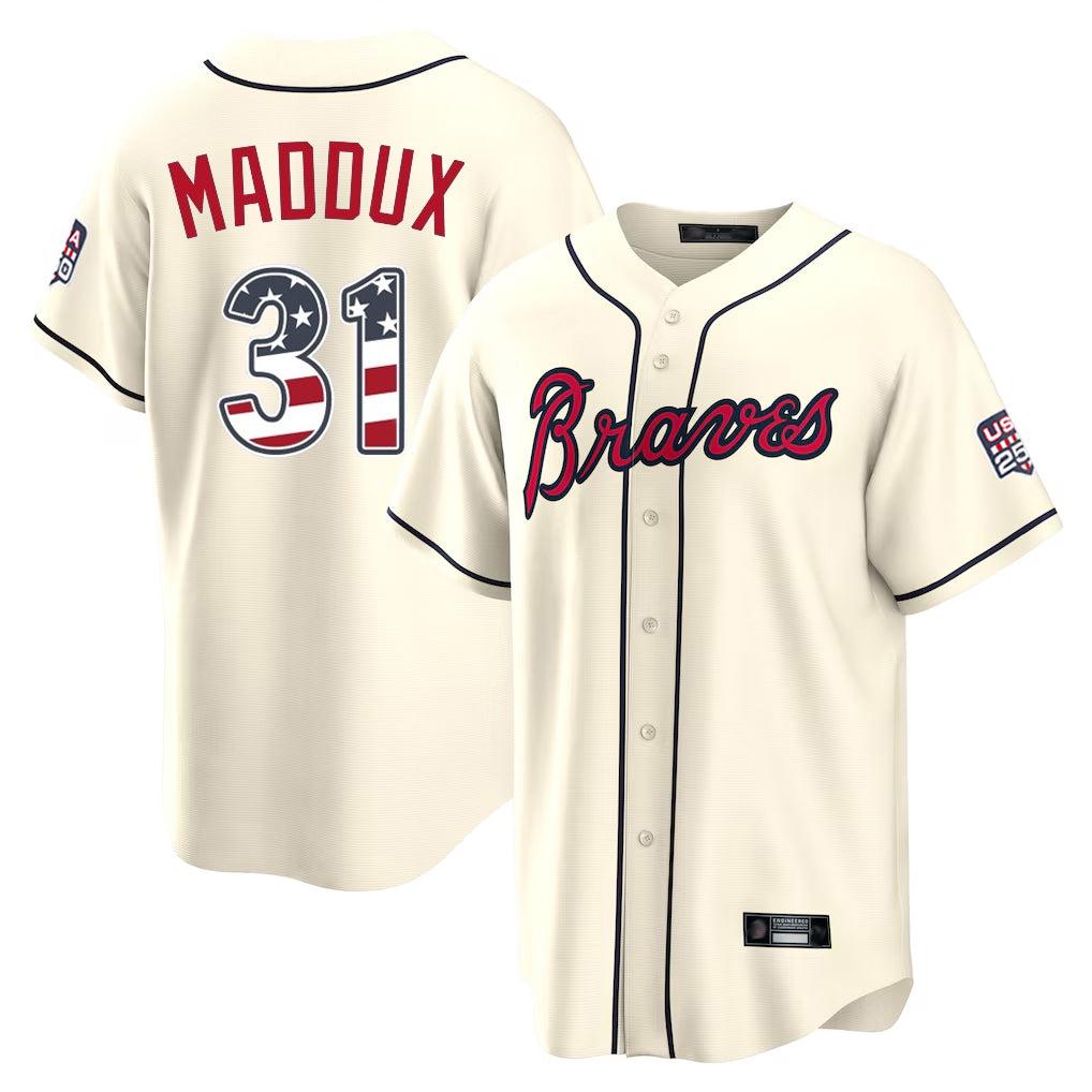 Atlanta Braves #31 Greg Maddux Player Cream HOLBERT USA 250 Fourth Of July Limited Home Game Stitched Jerseys