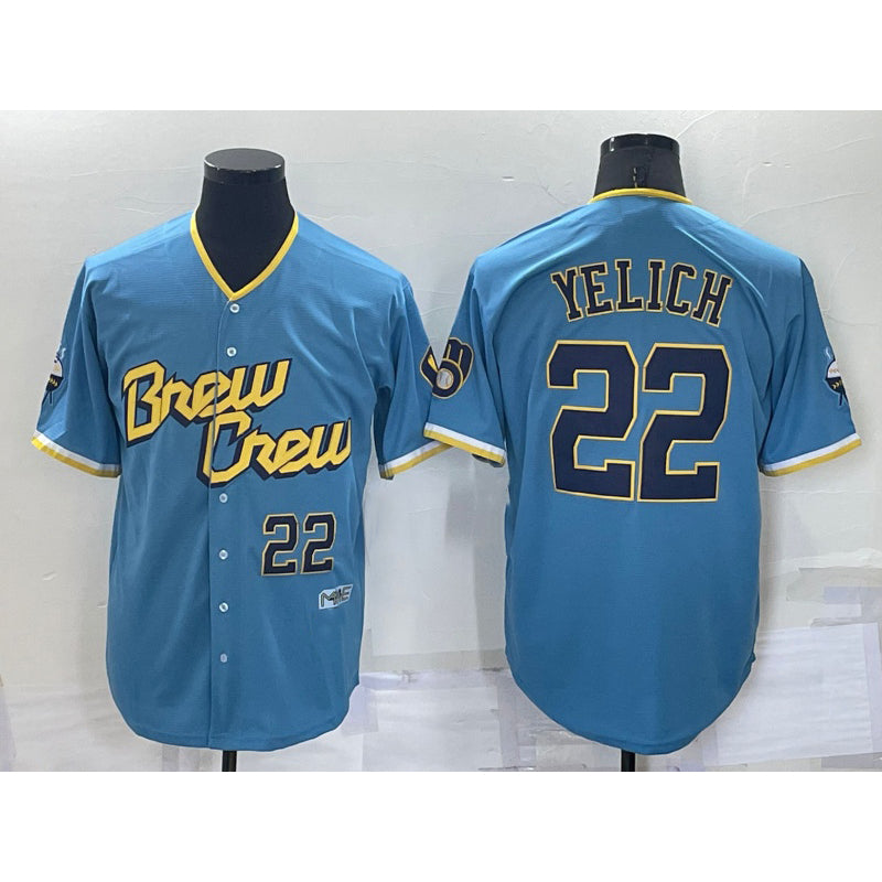 Milwaukee Brewers #22 Christian Yelich Number Blue HOLBERT 2022 City Connect Cool Base Stitched Jersey