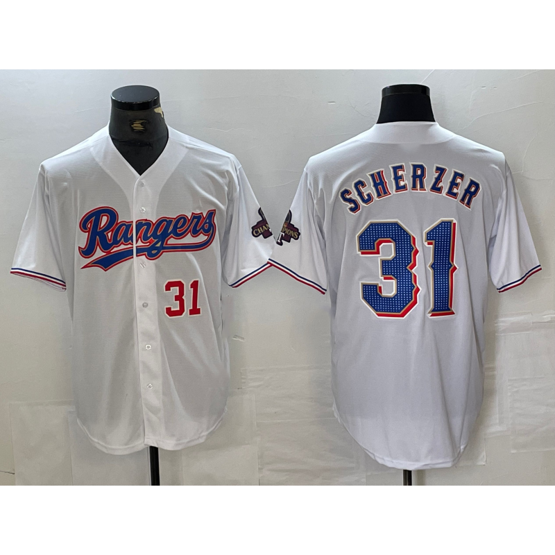 Texas Rangers #31 Max Scherzer Number White HOLBERT 2023 World Series Champions Cool Base Jersey 2