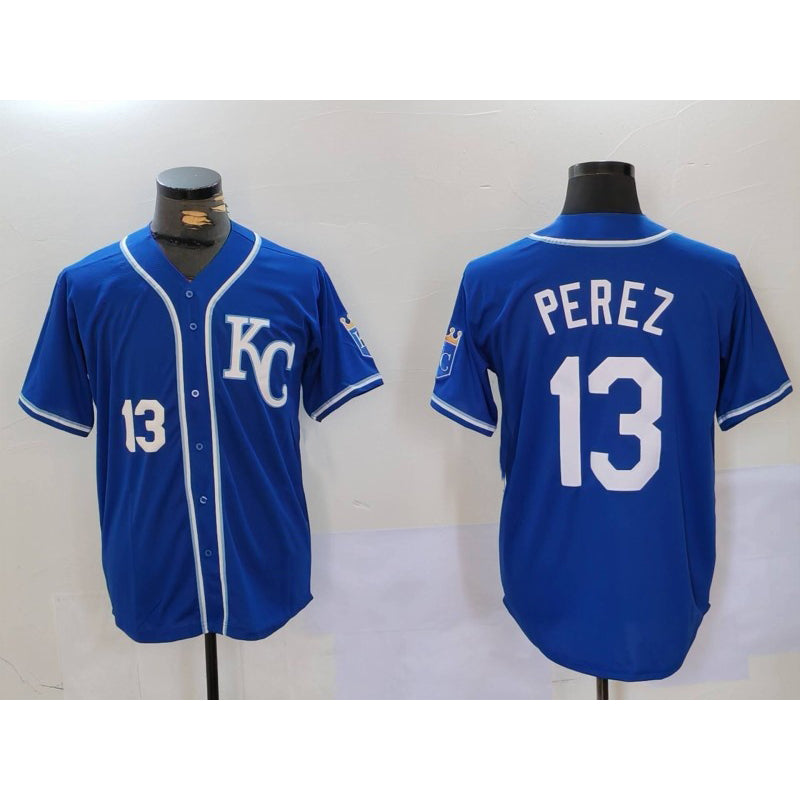 Kansas City Royals #13 Salvador Perez Number Blue HOLBERT KC Cool Base Stitched Jersey