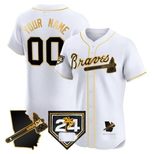 Custom Atlanta Braves 2024 Spring Training & Georgia Patch Vapor Premier Elite Jersey ¨CWhite Gold HOLBERT