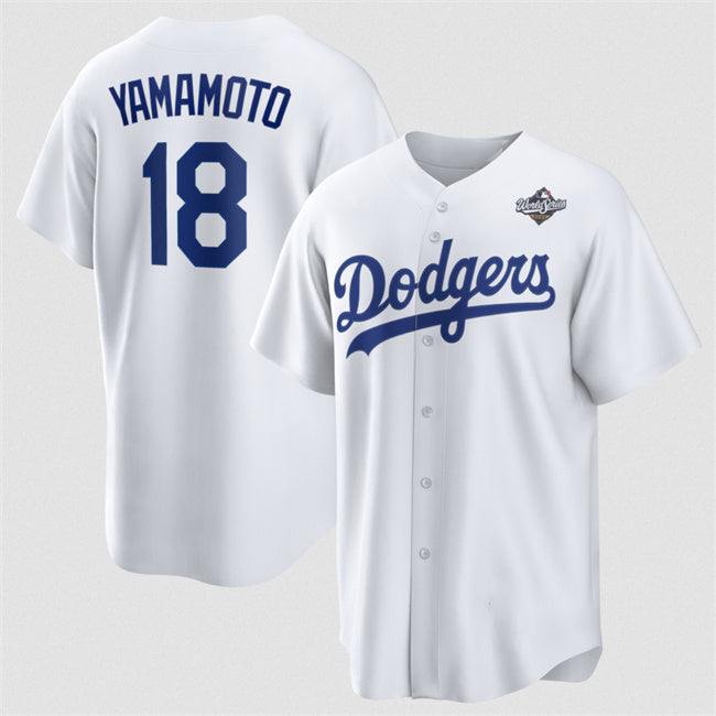 Los Angeles Dodgers #18 Yoshinobu Yamamoto White HOLBERT 2025 World Series Home Cool Base Stitched Jersey