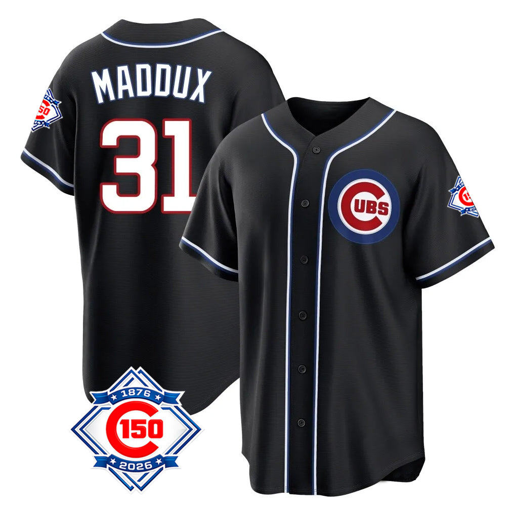 Chicago Cubs #31 Greg Maddux Player Black HOLBERT Fashion Out 150th Anniversary Game Stitched Jerseys