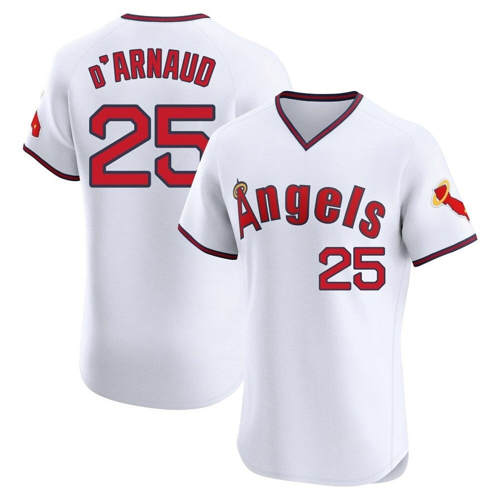 Los Angeles Angels #25 Travis d'Arnaud Player White HOLBERT T-shirt Home Limited Elite Stitched Jerseys