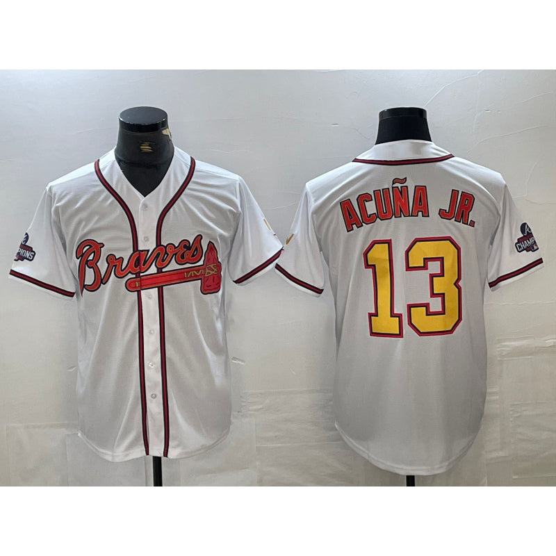 Atlanta Braves #13 Ronald Acuna Jr White Gold HOLBERT 2021 World Series Champions Stitched Cool Base Jersey