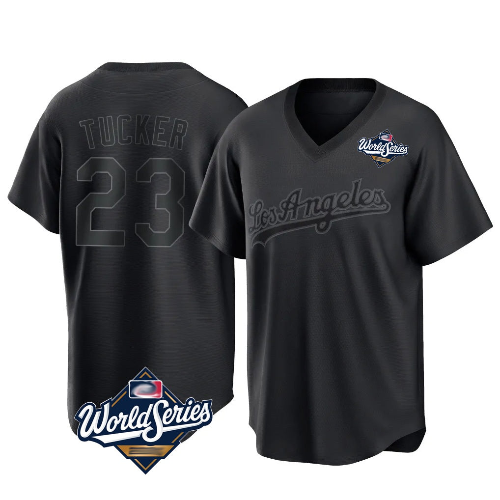 Los Angeles Dodgers #23 Kyle Tucker Player Black HOLBERT World Series Pitch Fashion T-shirt Stitched Jerseys