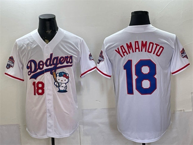 Los Angeles Dodgers #18 Yoshinobu Yamamoto White HOLBERT Hello Kitty Night 2025 World Series Champions Patch Stitched Jersey