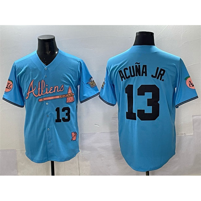 Atlanta Braves #13 Ronald Acuna Jr. Blue HOLBERT 2024 Atliens & Peach With Outkast Patch Vapor Limited Stitched Jersey