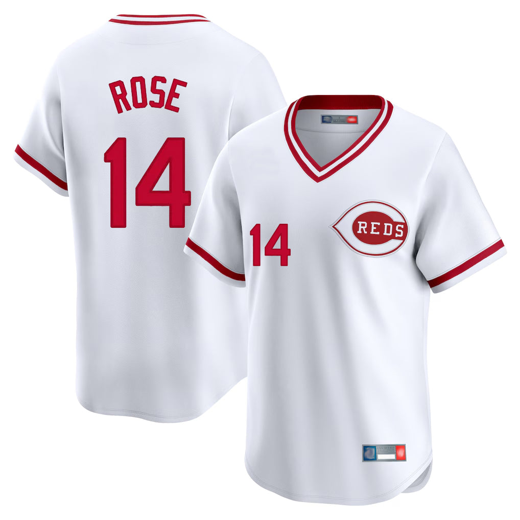 Cincinnati Reds #14 Pete Rose Player White HOLBERT Cooperstown Collection Limited T-shirt Home Stitched Jerseys