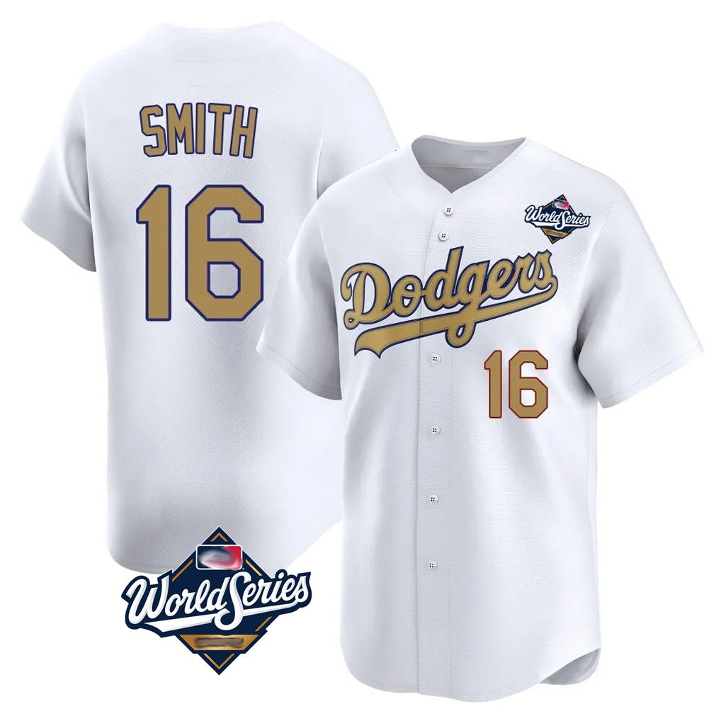 Los Angeles Dodgers #16 Will Smith Player White Gold HOLBERT World Series Collection Limited Home Stitched Jerseys