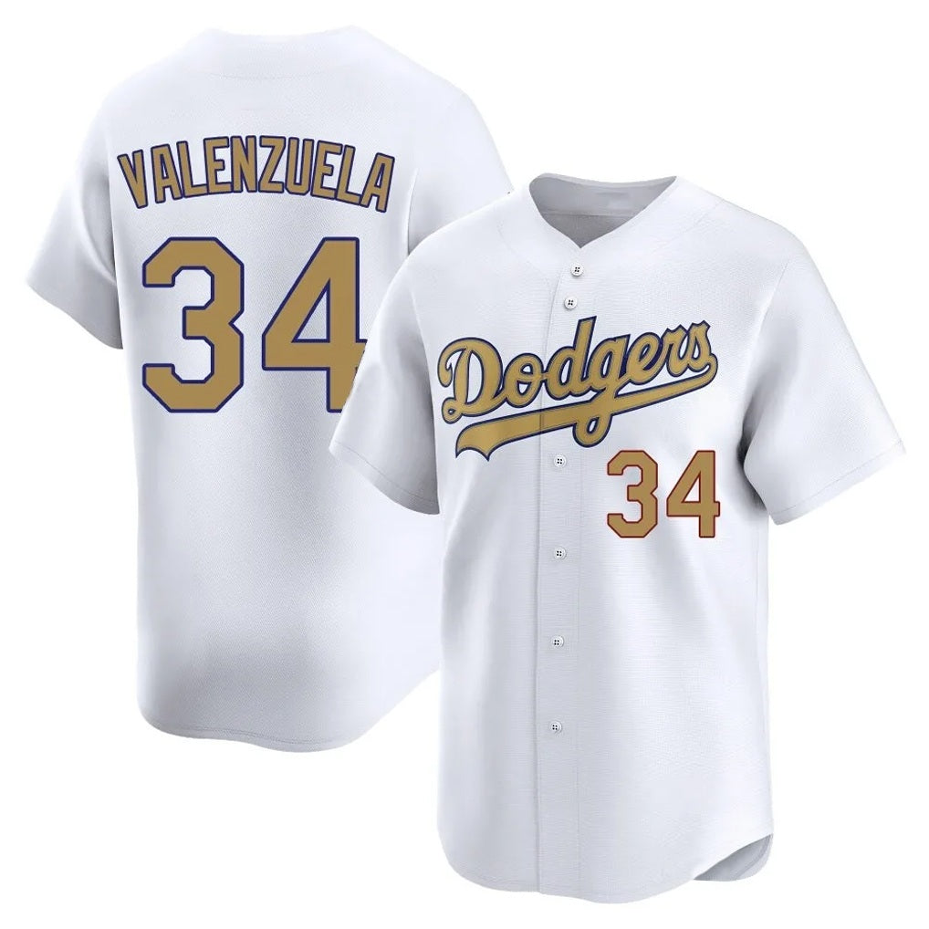 Los Angeles Dodgers #34 Fernando Valenzuela Player White Gold HOLBERT Collection Limited Home Stitched Jerseys