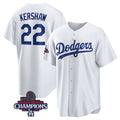 Los Angeles Dodgers #22 Clayton Kershaw White HOLBERT 2024 World Series Champions Cool Base Stitched Jersey