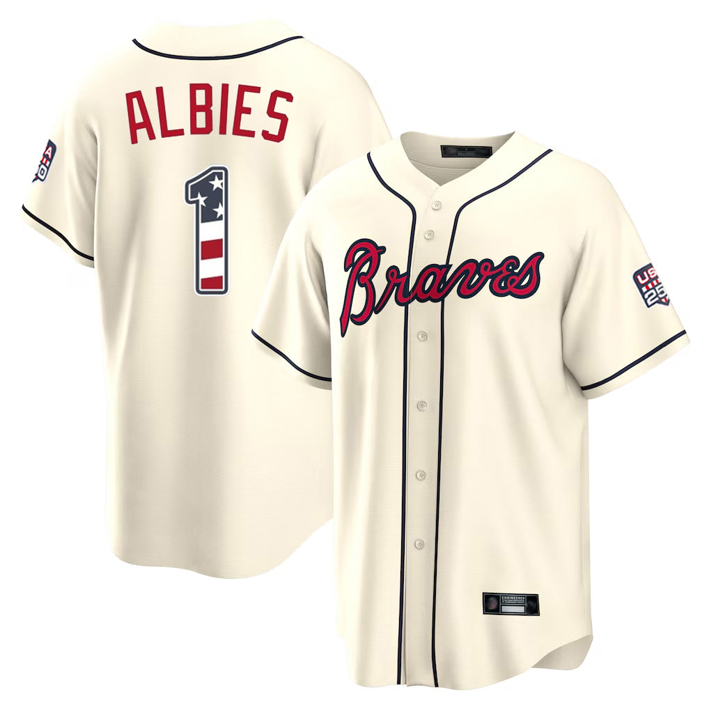 Atlanta Braves #1 Ozzie Albies Player Cream HOLBERT USA 250 Fourth Of July Limited Home Game Stitched Jerseys
