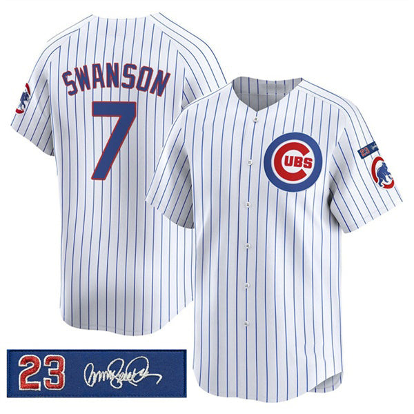 Chicago Cubs #7 Dansby Swanson White HOLBERT Pinstripe 'Ryne Sandberg Tribute' Vapor Limited V3 Stitched Jersey