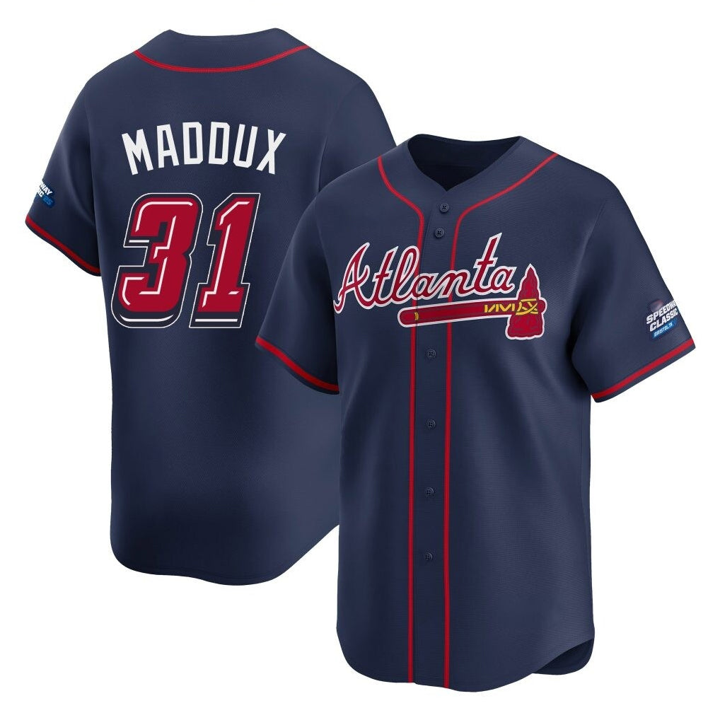 Atlanta Braves #31 Greg Maddux Player Navy HOLBERT 2025 Speedway Classic Home Game Stitched Jerseys