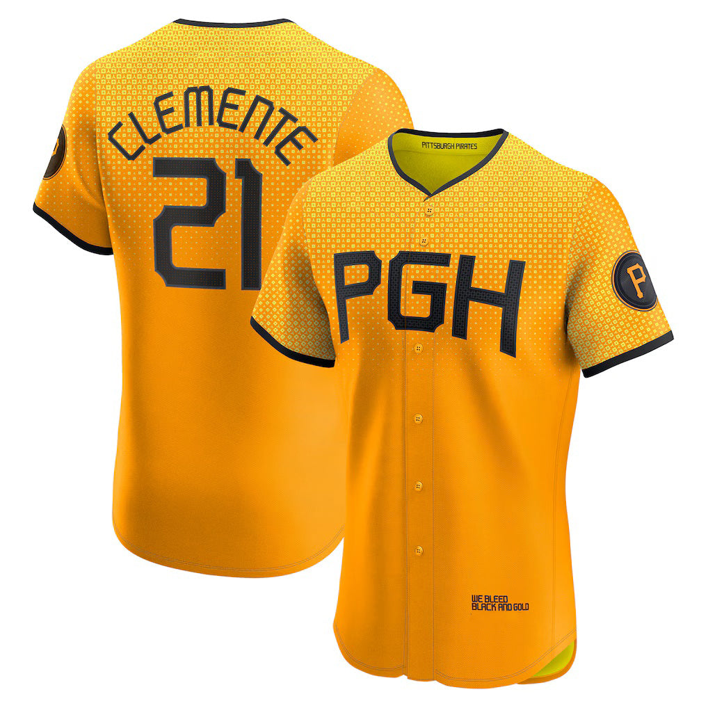 Pittsburgh Pirates #21 Roberto Clemente Gold HOLBERT City Connect Elite Player Jersey