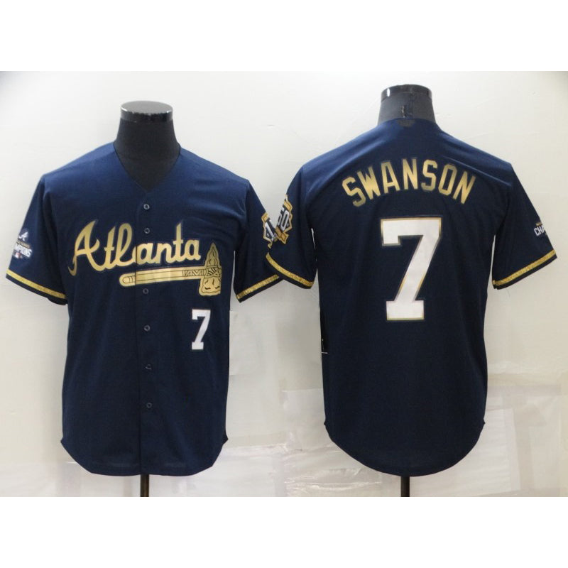Atlanta Braves #7 Dansby Swanson Navy Blue HOLBERT 2021 World Series Champions Golden Edition Stitched Cool Base Jersey