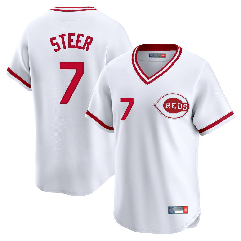 Cincinnati Reds #7 Spencer Steer Player White HOLBERT Cooperstown Collection Limited T-shirt Home Stitched Jerseys