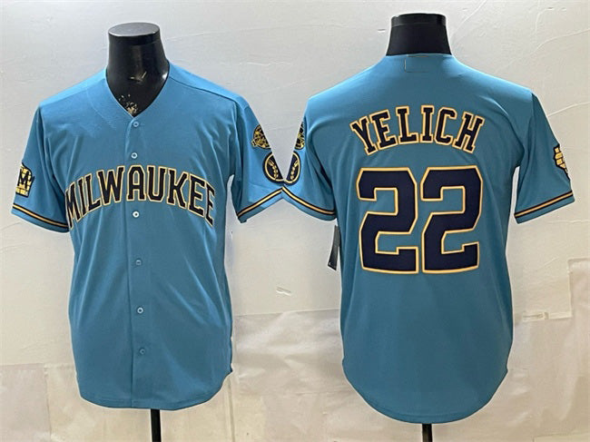 Milwaukee Brewers #22 Christian Yelich Blue HOLBERT With Home & Bob Uecker Patch Stitched Jersey