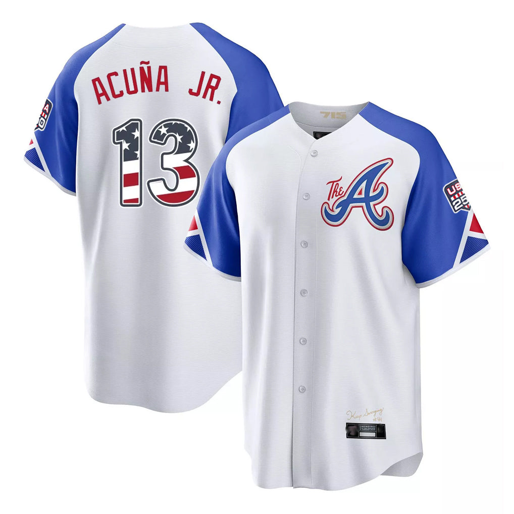 Atlanta Braves #13 Ronald Acuna Jr Player White HOLBERT USA 250 Fourth Of July City Connect Home Game Stitched Jerseys