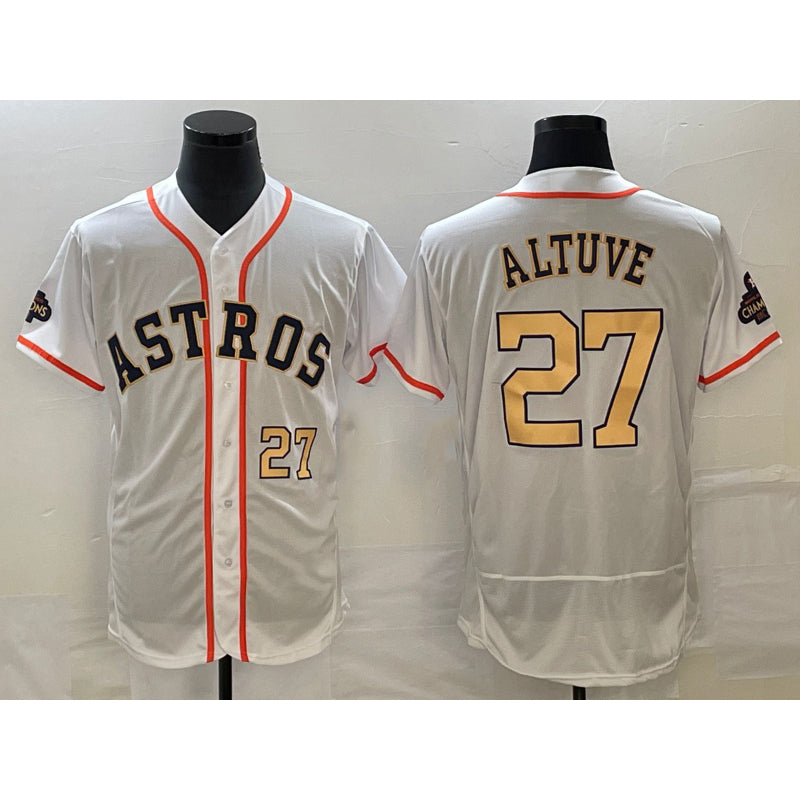 Houston Astros #27 Jose Altuve Number 2023 White HOLBERT Gold World Serise Champions Patch Flex Base Stitched Jersey 3