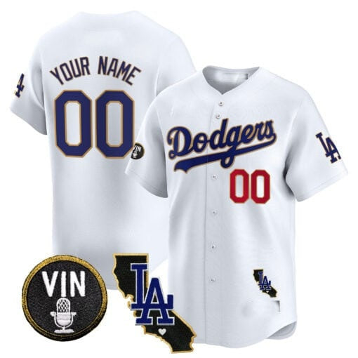 Custom Los Angeles Dodgers Vin & California Patch Gold Trim Vapor Premier Limited Jersey ¨C White HOLBERT