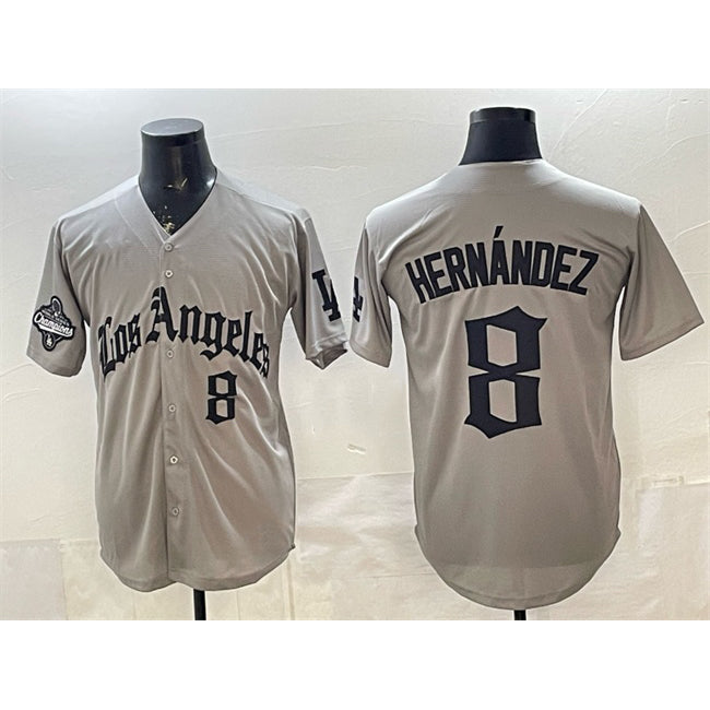 Los Angeles Dodgers #8 Enrique Hernandez Grey HOLBERT LA Gothic Style With 2025 World Series Champions Patch Limited Stitched Jersey
