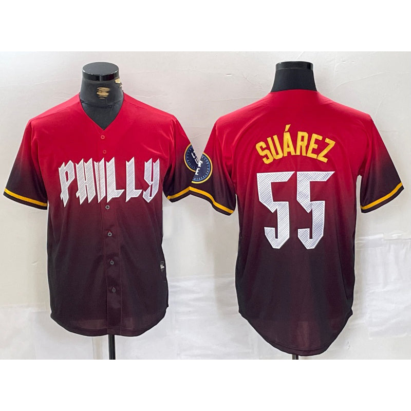 Philadelphia Phillies #55 Ranger Suarez Red HOLBERT 2024 City Player Number Cool Base Jersey 2