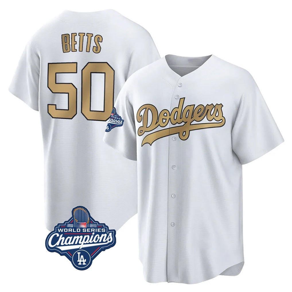 Los Angeles Dodgers #50 Mookie Betts Player White Gold HOLBERT World Series Meet Collection Limited Home Stitched Jerseys